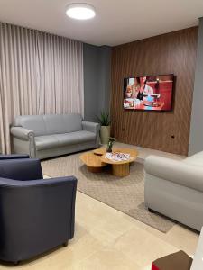 a living room with a couch and a tv at Hotel Germânia Nova Veneza in Nova Veneza
