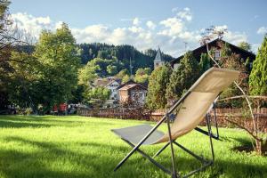 a chair sitting in the grass in a yard at Haus Herzbluat in Peiting