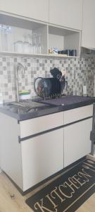 a kitchen with a counter top with at Lace Luxe Homes in Tatu City