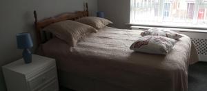 a bedroom with a bed with pillows and a window at Lilypad in Devizes