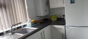 a kitchen with a sink and a refrigerator at Lilypad in Devizes