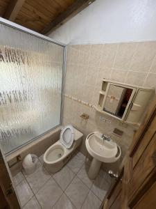 a bathroom with a toilet and a sink at Hostería Agoyan Deluxe in Ulba +78 photos