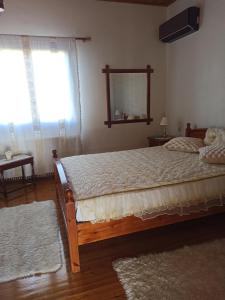 a bedroom with a bed and a mirror on the wall at FAVIEROS-The secret Garden in Mesochórion