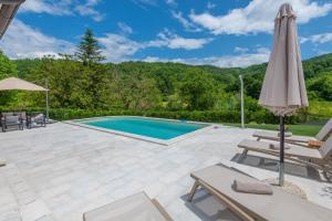 a patio with a pool and chairs and an umbrella at Villa Gino in Pazin