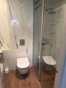 a bathroom with a shower and a toilet and a sink at סוויטת דופלקס על הים בבת ים in Bat Yam