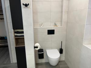 a small bathroom with a white toilet and towels at Barrierefreie Ferienwohnung Abendrot in Pewsum, 1 - 4 Personen in Krummhörn +22 photos