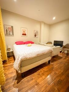 a bedroom with a bed with red pillows on it at Centre ville - Houilles in Houilles