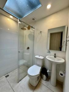 a bathroom with a toilet and a sink and a shower at Casa Hernandez in La Calera