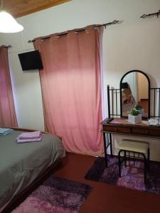 a bedroom with a bed and a desk with a mirror at Aπανεμα Ανδ συγγρου 34 in Galaxidi