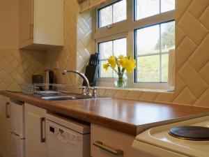 a kitchen with a sink and a window with yellow flowers at Brown Snout in Ledbury