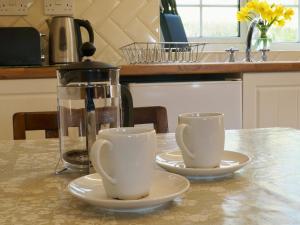 two cups on plates on a table with a juicer at Brown Snout in Ledbury