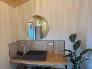 a bathroom with a sink and a mirror at Mein Haus am See in Waldkirchen +34 photos