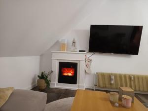 a living room with a fireplace with a flat screen tv at Manjana`s Waldblick in Braunlage +7 photos