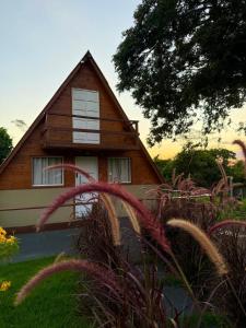 a wooden house with a tree and some grass at Cabanas Paxixi - Mirante in Camisão