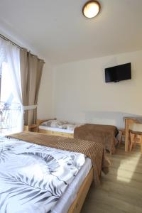 a bedroom with two beds and a tv on the wall at Pokoje gościnne u Sołtysów in Jurgów