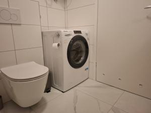 a bathroom with a washing machine and a toilet at Cosy central apartment in Litija +3 photos