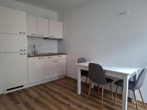 a white kitchen with a white table and chairs at Cosy central apartment in Litija