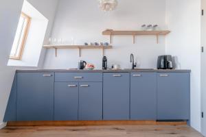 a kitchen with blue cabinets in a room at Cloud Comfort Studio Willa Miejska Górka in Miejska Górka