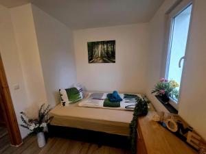 a small bed in a room with a window at Ferienhaus am Tänntalbach in Öhrenfeld