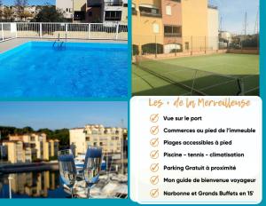 a collage of three pictures of a tennis court and a tennis court at Merveilleuse Port - Piscine - Plage - Climatisation - Commerces in Gruissan