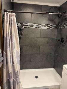 a bathroom with a shower with a shower curtain at The Cozy Cow Cottage in Bluefield