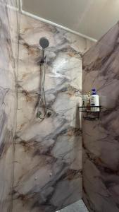 a shower in a bathroom with a marble wall at hostel family in Santiago