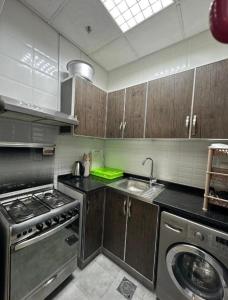 a kitchen with a stove and a sink and a dishwasher at Entire Studio Apartment with King Bed in Ajman 
