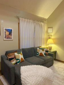 a living room with a gray couch with pillows at Comfortable 2BR-2BA Mountain Getaway Near Slopes in Cortland