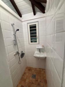 a white bathroom with a shower and a sink at Bungalow Cécilia in Petit-Bourg +6 photos