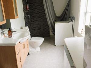 a bathroom with a toilet and a sink and a shower at 4 star holiday home in ÖDESHÖG in Ödeshög +21 photos