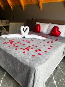 two swans laying on a bed covered in red roses at Chalé Rio Capetinga 02 in Anchieta