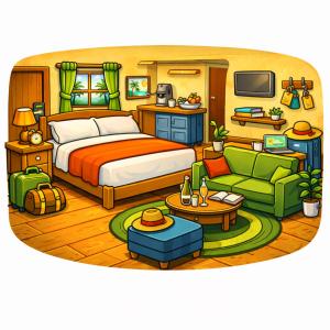 a illustration of a bedroom with a bed and furniture at Hostal de prueba GHPro in Rancho Alamo Bonito