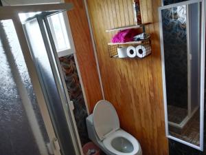 a small bathroom with a toilet and a window at Cabaña El ulmo in Quelalmahue +10 photos