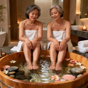 two women are sitting in a bath tub at Hotel e Spa Provençal in Canela