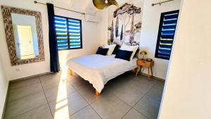 a bedroom with a bed and a mirror on the wall at Villa Kynoa 4 étoiles in Saint-François +22 photos