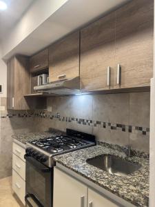a kitchen with a stove and a sink at Campana Suites Becerra in Campana