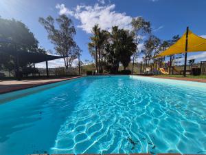 a blue swimming pool with a yellow umbrella at Bonnie Doon Caravan Park in Bonnie Doon