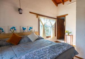 a bedroom with a large blue bed with a window at Cabaña El Sitio in Huasca de Ocampo