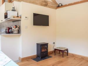 a living room with a stove and a tv on the wall at Badgers Den - Uk32084 in Dorstone