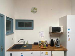 a kitchen with a counter with a sink and a microwave at Logis des Lauriers Roses in Marennes