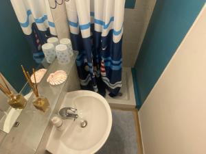 a bathroom with a sink and a shower curtain at Logis des Lauriers Roses in Marennes
