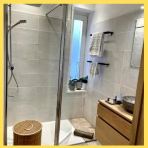 a bathroom with a shower and a toilet and a sink at La Parenthèse Léman in Neuvecelle