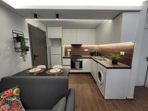 a kitchen with a couch and a table in a room at Hyacinthus city apartment in Rhodes Town