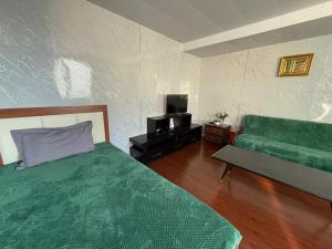 a bedroom with a green bed and a couch at Mini apartment in Central UB in Ulaanbaatar
