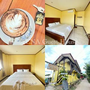 a collage of photos of a hotel room with a cup of coffee at Tena Don Det Sunset Guest House in Don Det