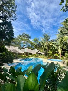 a swimming pool in a resort with palm trees at La Natura Resort in Coron
