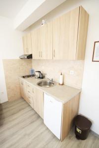 a kitchen with a sink and wooden cabinets at Apartments KA-7 in Podgorica