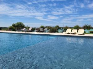 a swimming pool with lounge chairs and blue water at Domaine de l'Envolée in Tourbes
