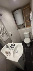 a bathroom with a white sink and a toilet at Studio 33 m2 a saint Michel de Maurienne in Saint-Michel-de-Maurienne