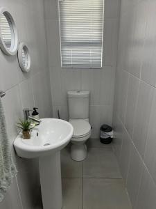 a white bathroom with a toilet and a sink at Cozy at Cedarwood in Oakdale +13 photos